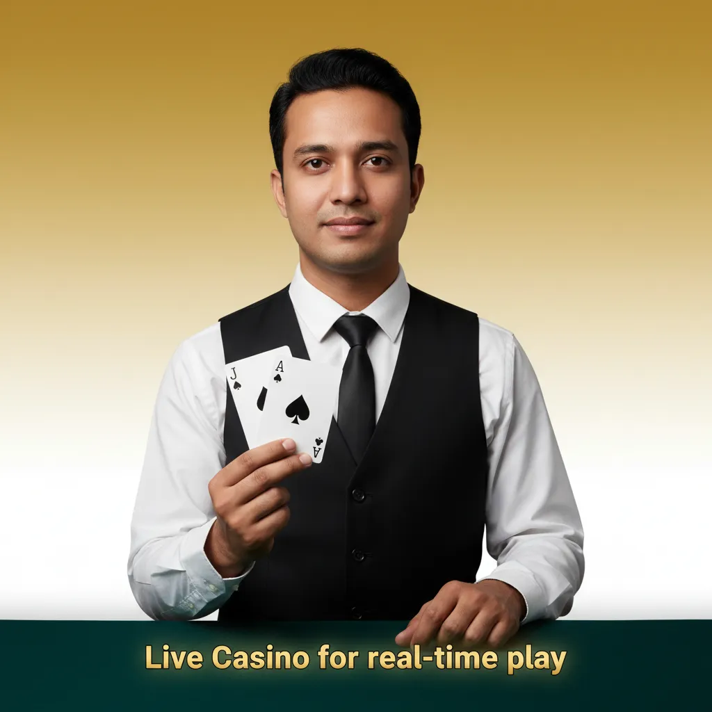 Live casino stream with real dealer, cards and roulette wheel; Blackjack, Baccarat, Andar Bahar, Teen Patti in real time.