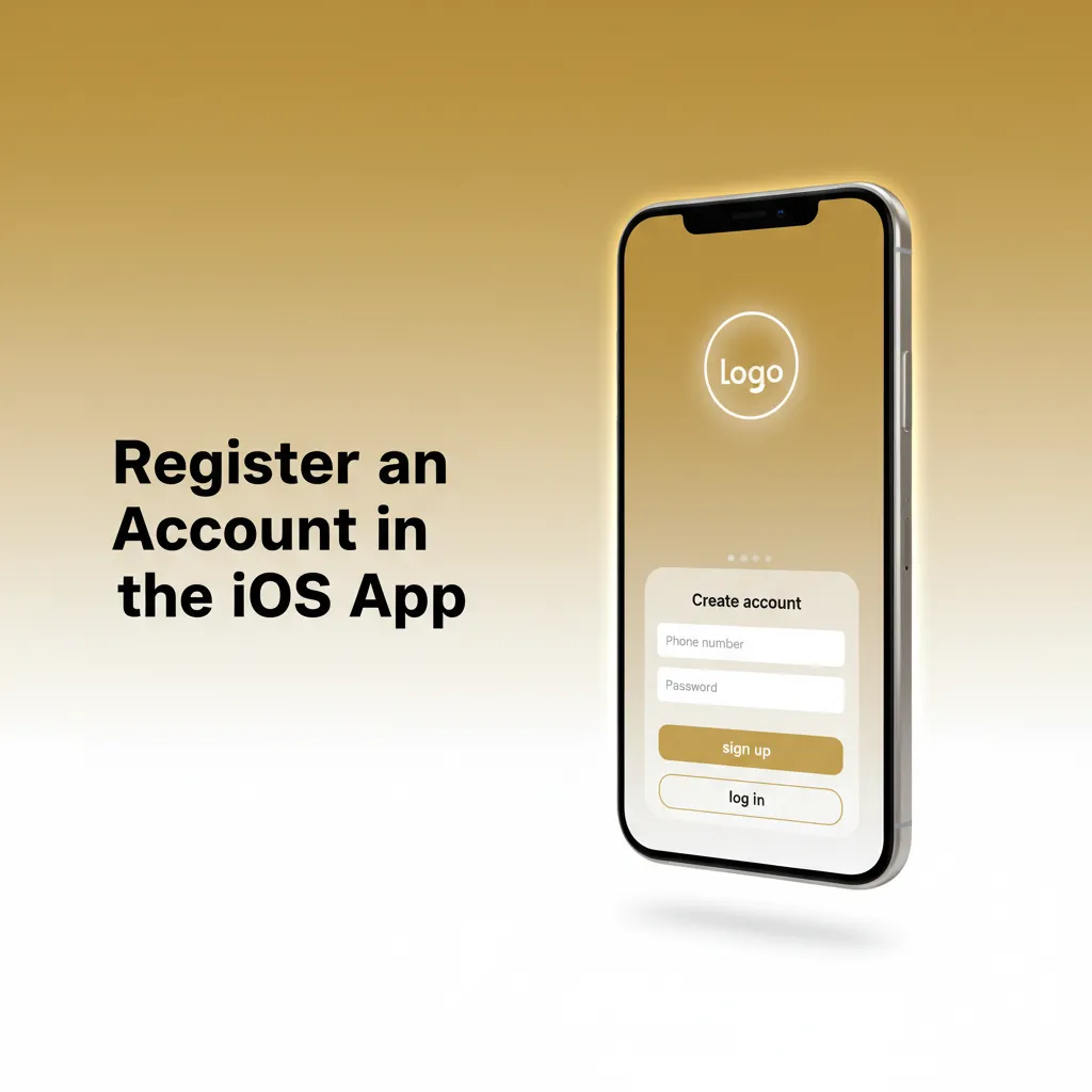 iOS app registration steps: Sign Up, enter phone/email, set password, select BDT, verify contact, then log in.